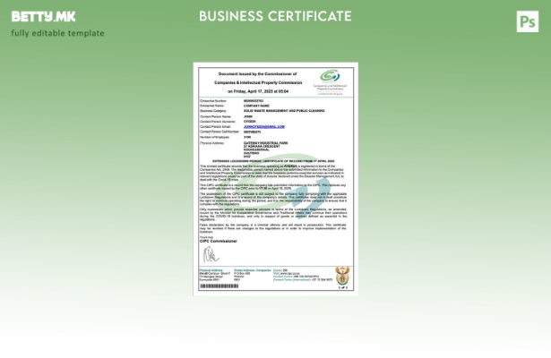 модерен стил Јужна Африка сертификат за регистрација на компанија Шаблон Word  1